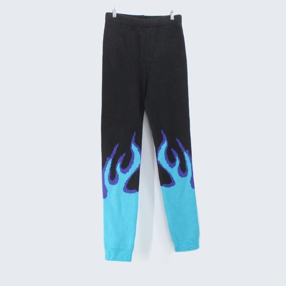 Cherry Mellow Blue Flame Knit Joggers SZ M High Waist Stretch Sweater Pants Y2K - Picture 5 of 12